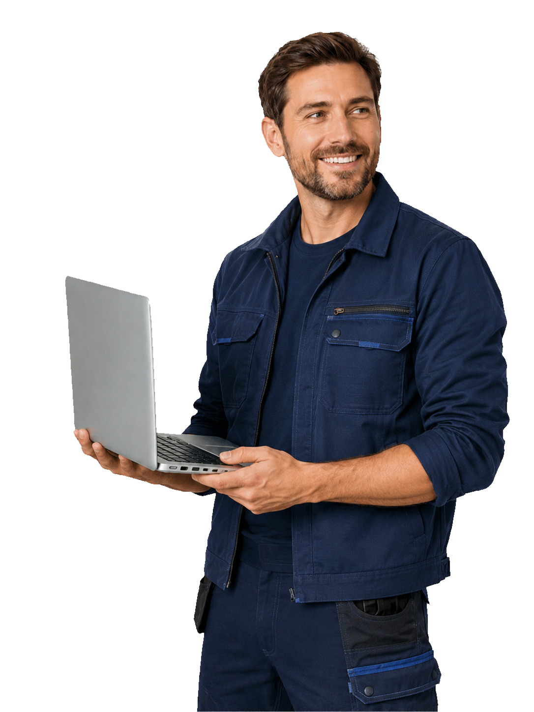 Freigestellter Handwerker mit Laptop ohne weißen Rand