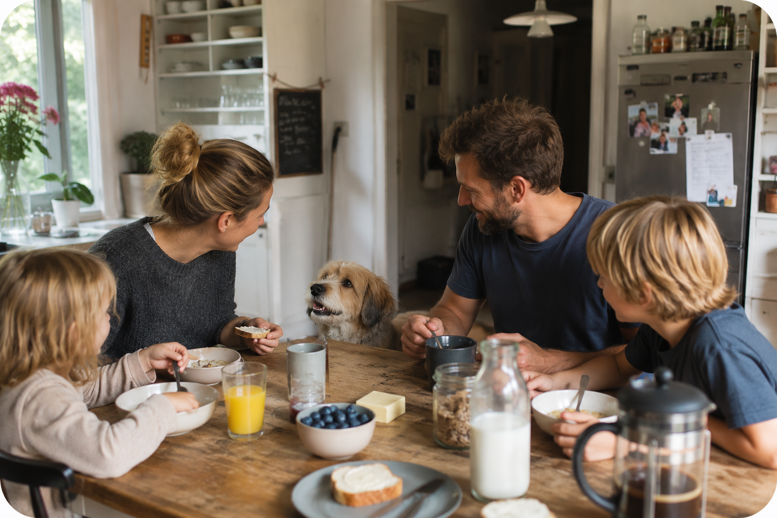 Familie mit zwei Kindern und Hund beim gemeinsamen Frühstück in ihrer Küche