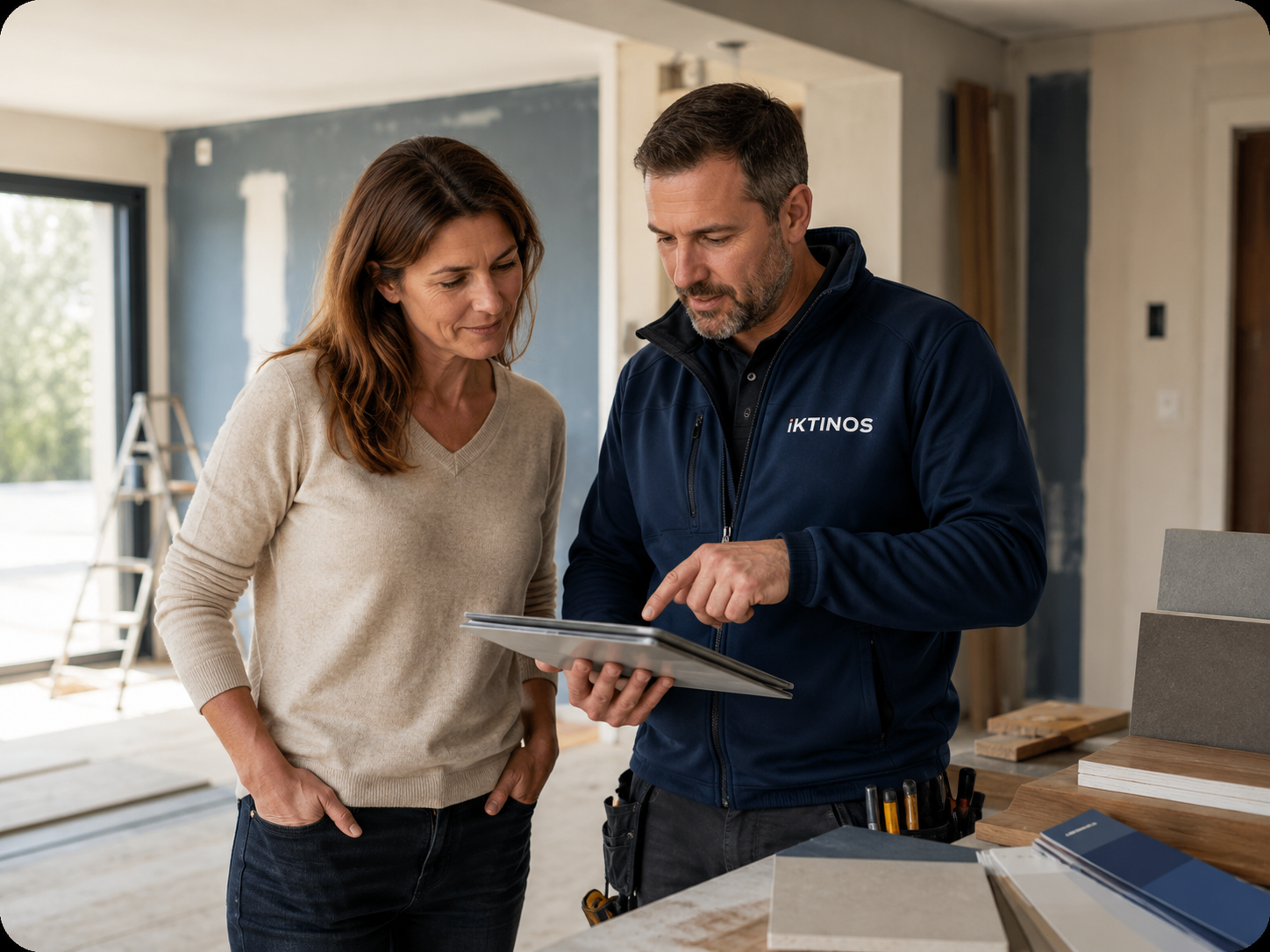 Bauherrin und Fachbetrieb bei einer gemeinsamen Besprechung auf der Baustelle mit Tablet und Materialmustern