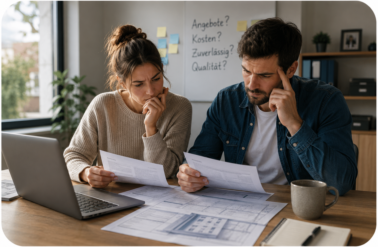 Ein Bauherrenpaar prüft Angebote und Bauunterlagen und ist unsicher bei Kosten, Zuverlässigkeit und Qualität